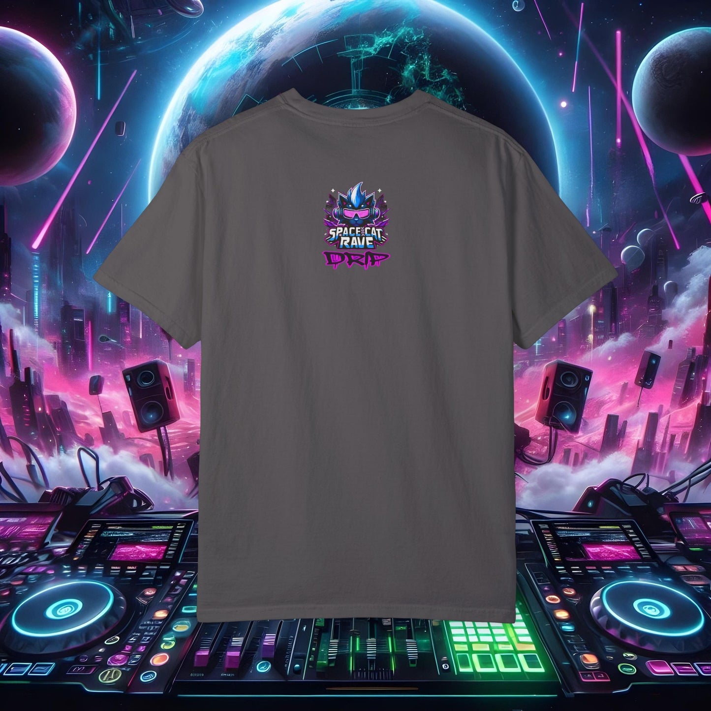 Space Cat Rave Drip - Black Skull Cat Red Eyes DJ - Unisex T-Shirt - Space Cat Rave Drip - T-Shirt - Printify