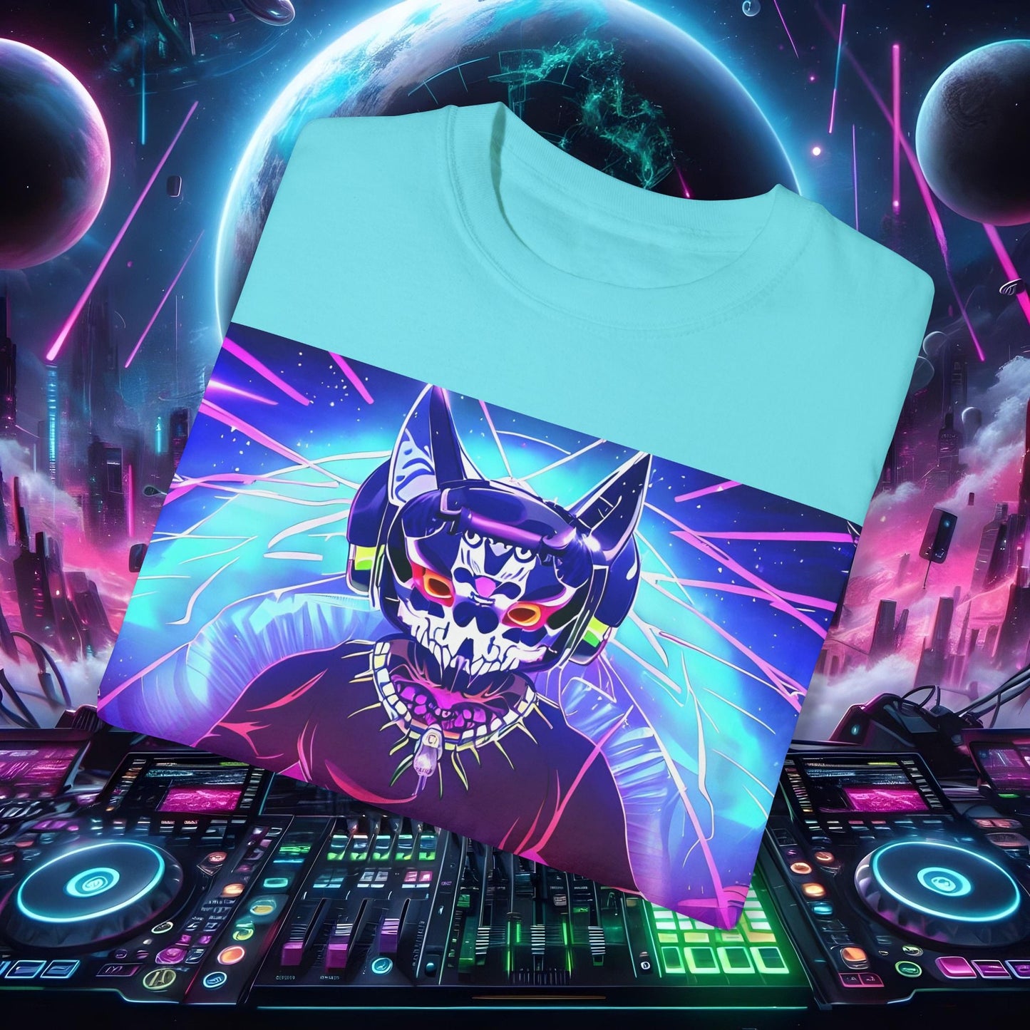 Space Cat Rave Drip - Black Skull Cat Red Eyes DJ - Unisex T-Shirt - Space Cat Rave Drip - T-Shirt - Printify