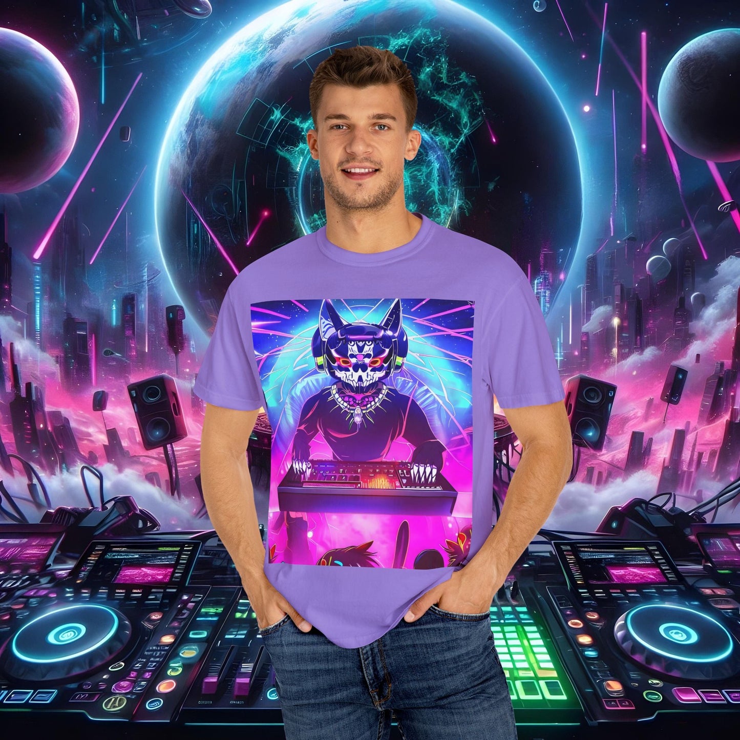 Space Cat Rave Drip - Black Skull Cat Red Eyes DJ - Unisex T-Shirt - Space Cat Rave Drip - T-Shirt - Printify