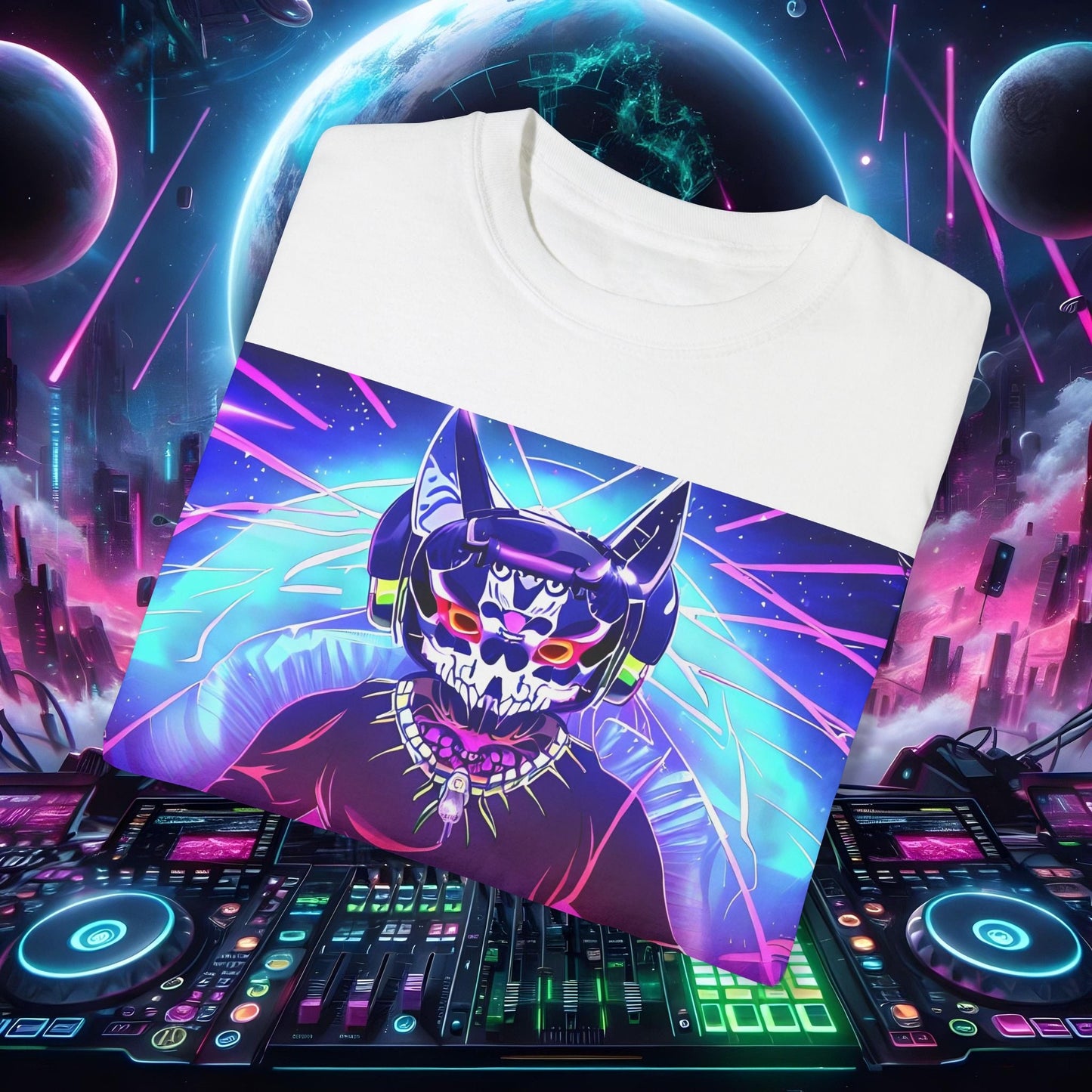 Space Cat Rave Drip - Black Skull Cat Red Eyes DJ - Unisex T-Shirt - Space Cat Rave Drip - T-Shirt - Printify