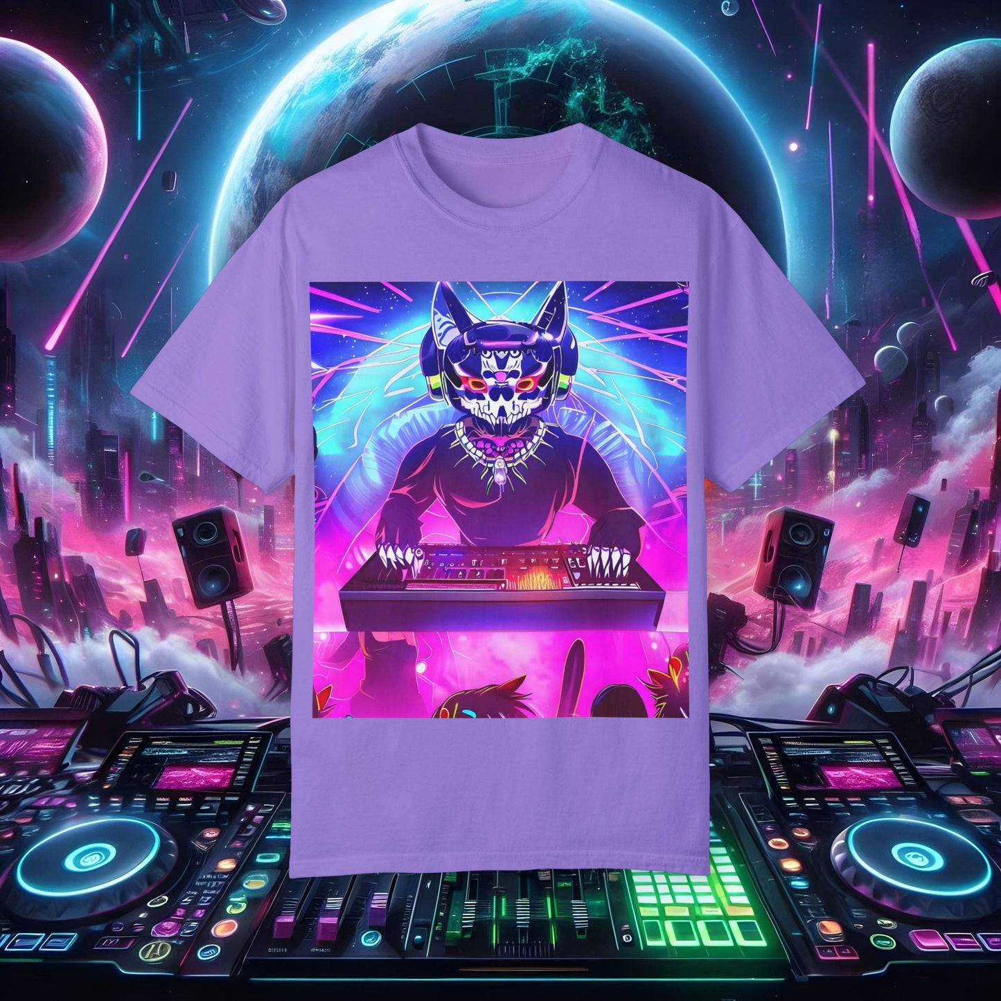 Space Cat Rave Drip - Black Skull Cat Red Eyes DJ - Unisex T-Shirt - Space Cat Rave Drip - T-Shirt - Printify