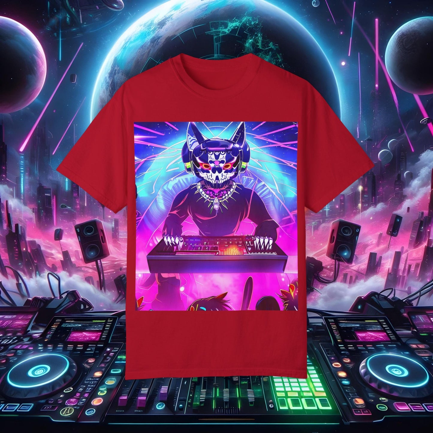 Space Cat Rave Drip - Black Skull Cat Red Eyes DJ - Unisex T-Shirt - Space Cat Rave Drip - T-Shirt - Printify