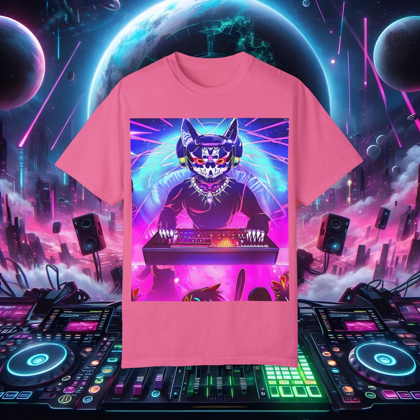 Space Cat Rave Drip - Black Skull Cat Red Eyes DJ - Unisex T-Shirt - Space Cat Rave Drip - T-Shirt - Printify