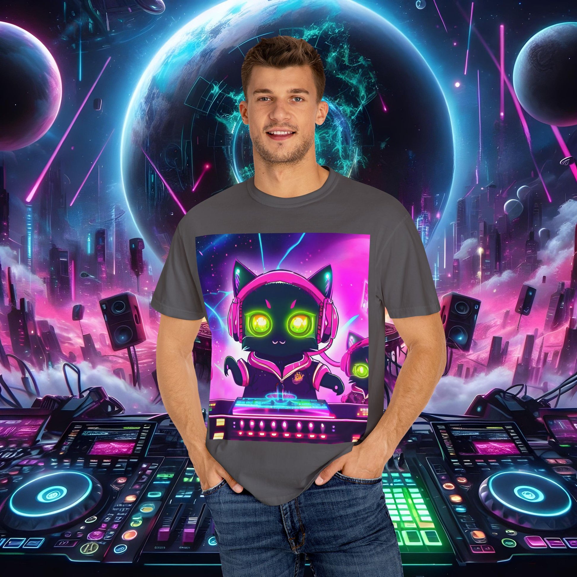 Space Cat Rave Drip - Black Cat Pink Headphones Yellow Eyes DJ - Unisex T-Shirt - Space Cat Rave Drip - T-Shirt - Printify