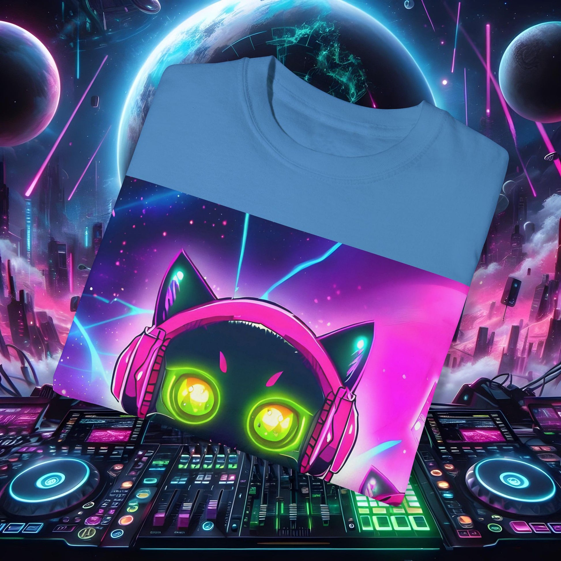 Space Cat Rave Drip - Black Cat Pink Headphones Yellow Eyes DJ - Unisex T-Shirt - Space Cat Rave Drip - T-Shirt - Printify