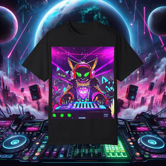 Space Cat Rave Drip - Black Cat Green Eyes DJ - Unisex T-Shirt