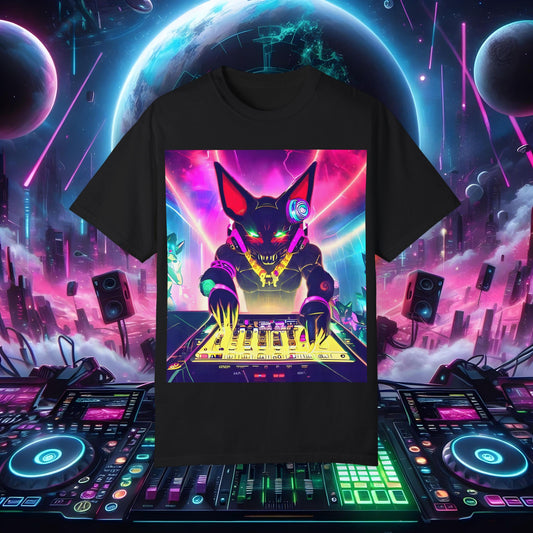 Space Cat Rave Drip - Black Cat Green Eyes DJ - Unisex T-Shirt