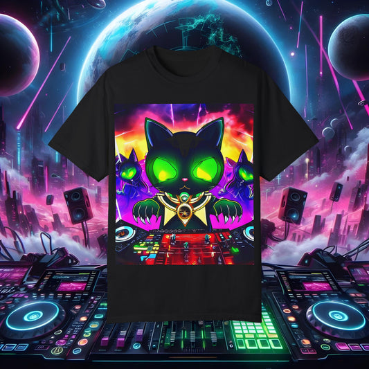 Space Cat Rave Drip - Black Zombie Cat Green Eyes DJ - Unisex T-Shirt - Space Cat Rave Drip - T-Shirt - Printify