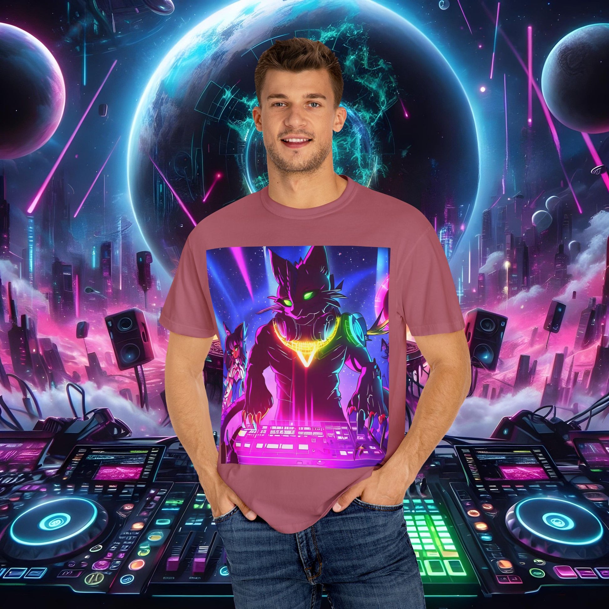 Space Cat Rave Drip - Black Drip Cat Green Eyes DJ - Unisex T-Shirt - Space Cat Rave Drip - T-Shirt - Printify
