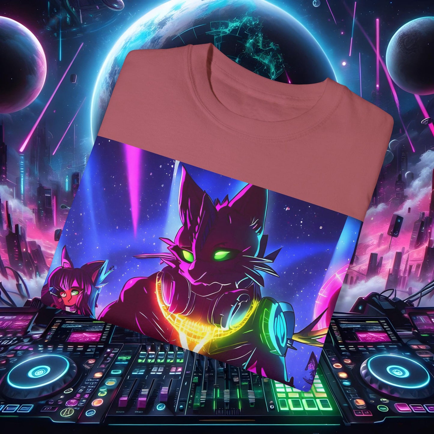 Space Cat Rave Drip - Black Drip Cat Green Eyes DJ - Unisex T-Shirt - Space Cat Rave Drip - T-Shirt - Printify
