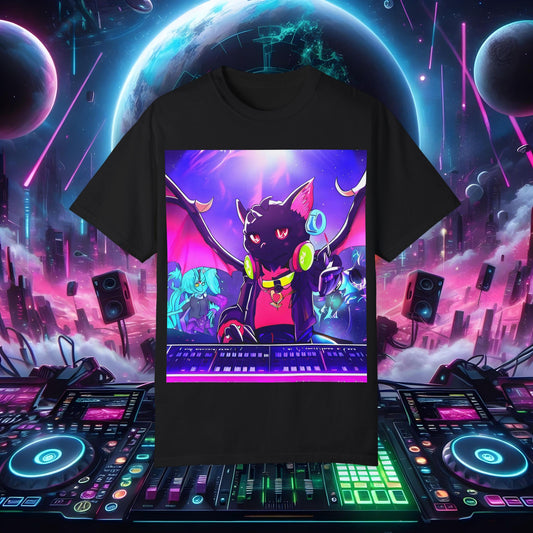 Space Cat Rave Drip - Black Dragon Cat Red Eyes DJ - Unisex T-Shirt
