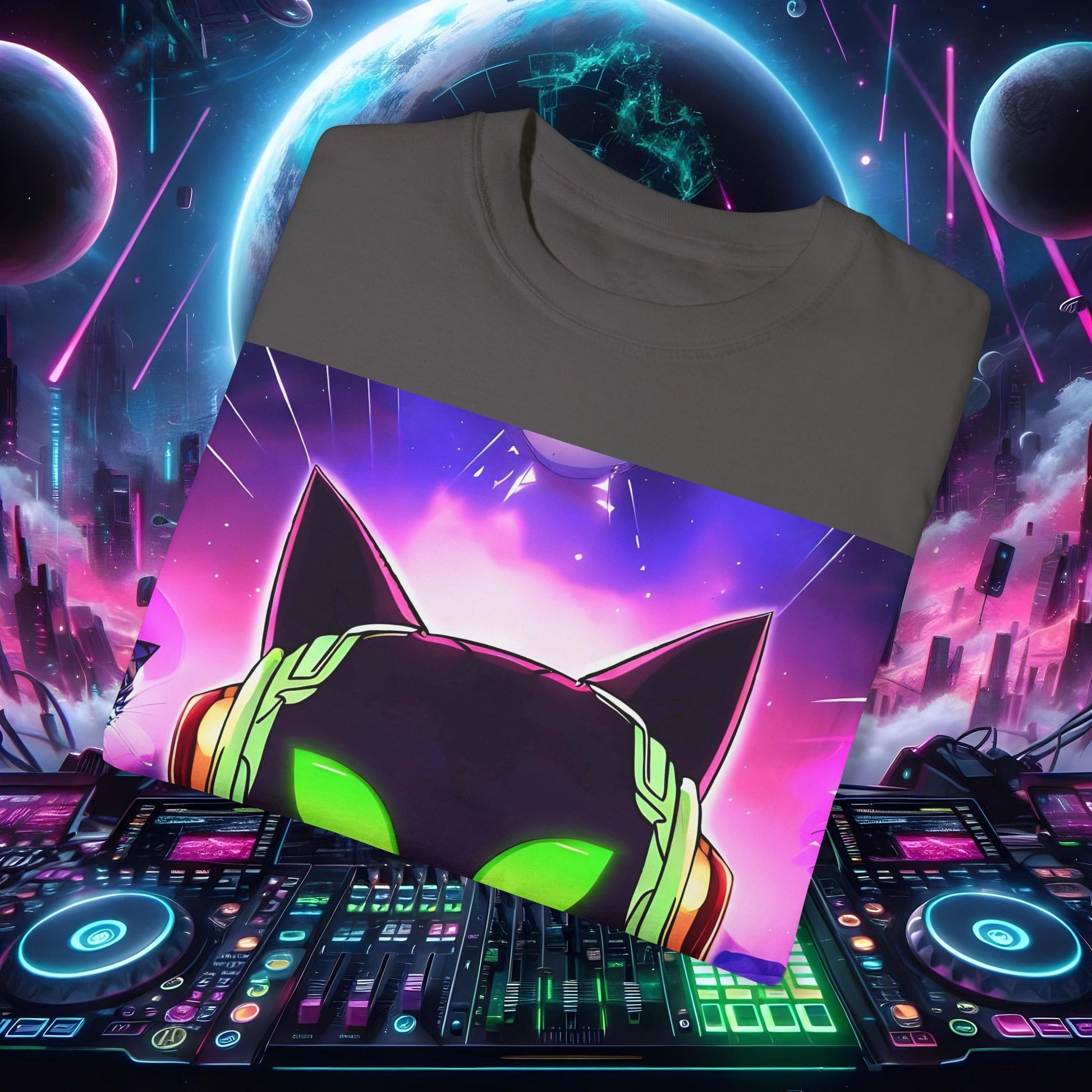 Space Cat Rave Drip - Black Cat Green Eyes DJ - Unisex T-Shirt - Space Cat Rave Drip - T-Shirt - Printify