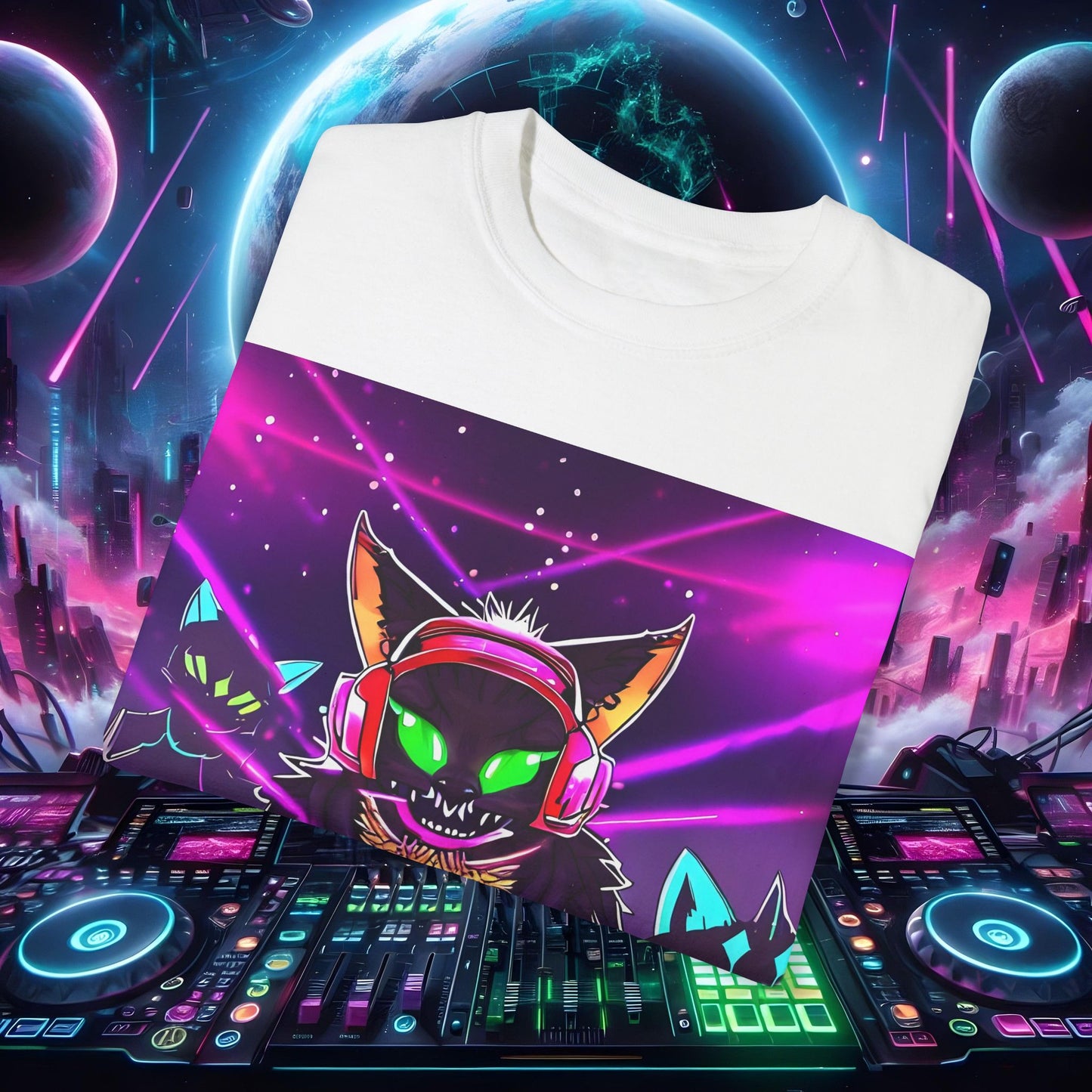 Space Cat Rave Drip - Black Cat Green Eyes DJ - Unisex T-Shirt