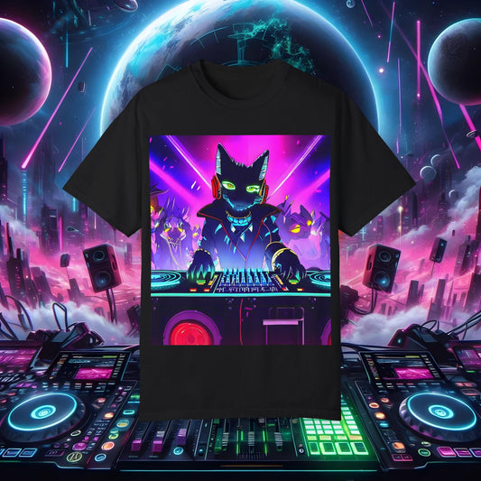 Space Cat Rave Drip - Black Cat Green Eyes DJ - Unisex T-Shirt