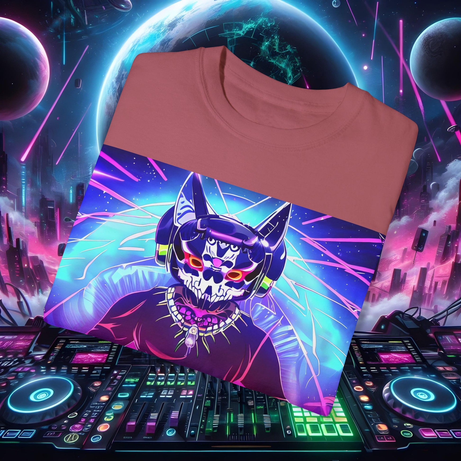 Space Cat Rave Drip - Black Skull Cat Red Eyes DJ - Unisex T-Shirt - Space Cat Rave Drip - T-Shirt - Printify