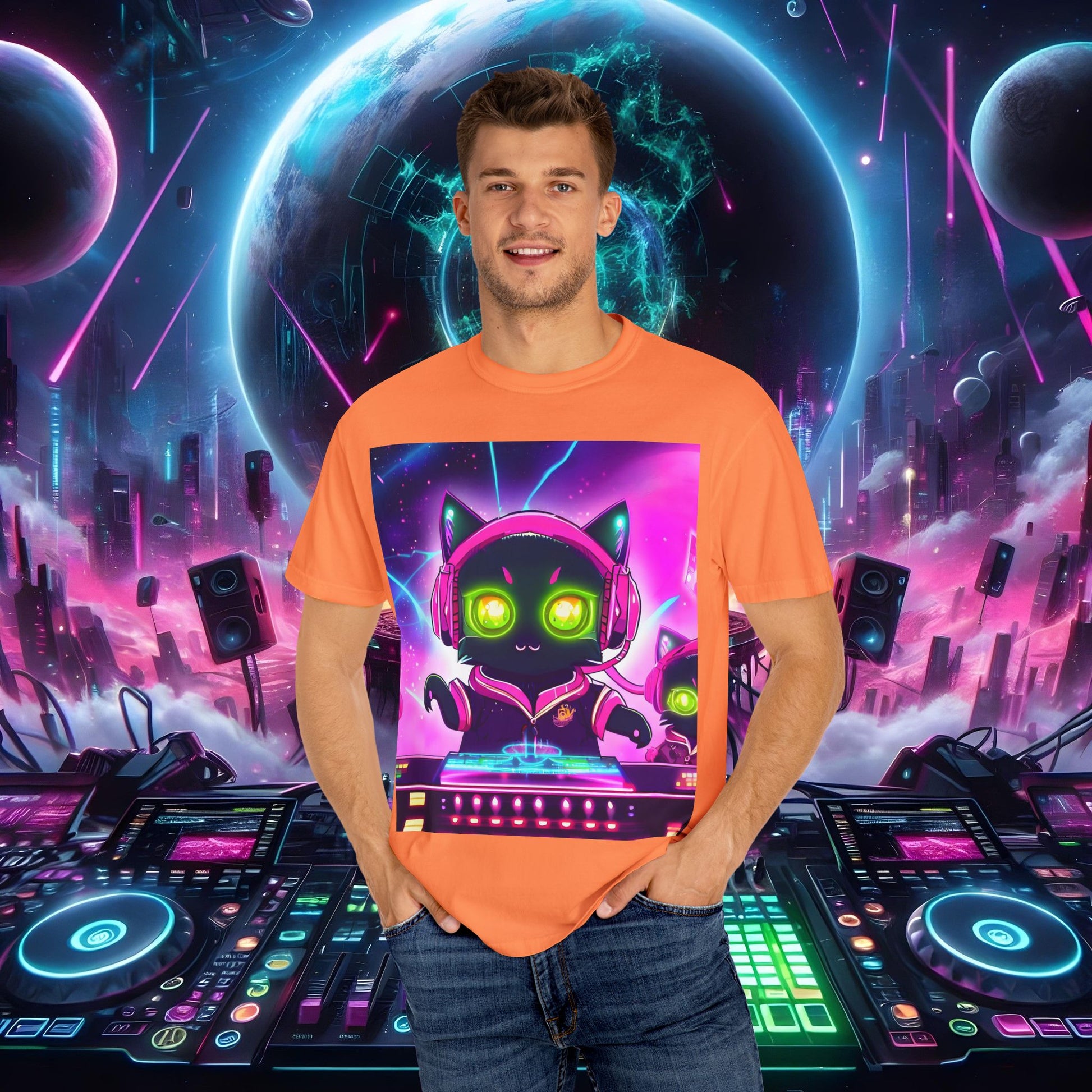 Space Cat Rave Drip - Black Cat Pink Headphones Yellow Eyes DJ - Unisex T-Shirt - Space Cat Rave Drip - T-Shirt - Printify
