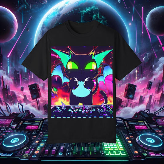 Space Cat Rave Drip - Black Dragon Cat Green Eyes DJ - Unisex T-Shirt - Space Cat Rave Drip - T-Shirt - Printify