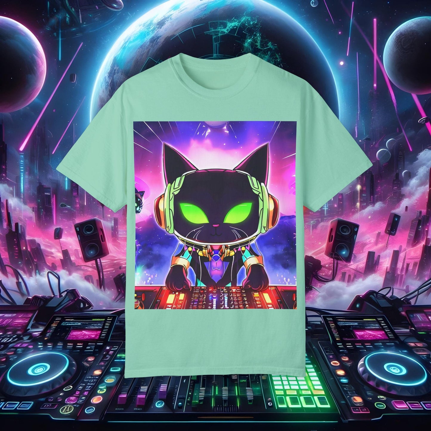 Space Cat Rave Drip - Black Cat Green Eyes DJ - Unisex T-Shirt - Space Cat Rave Drip - T-Shirt - Printify