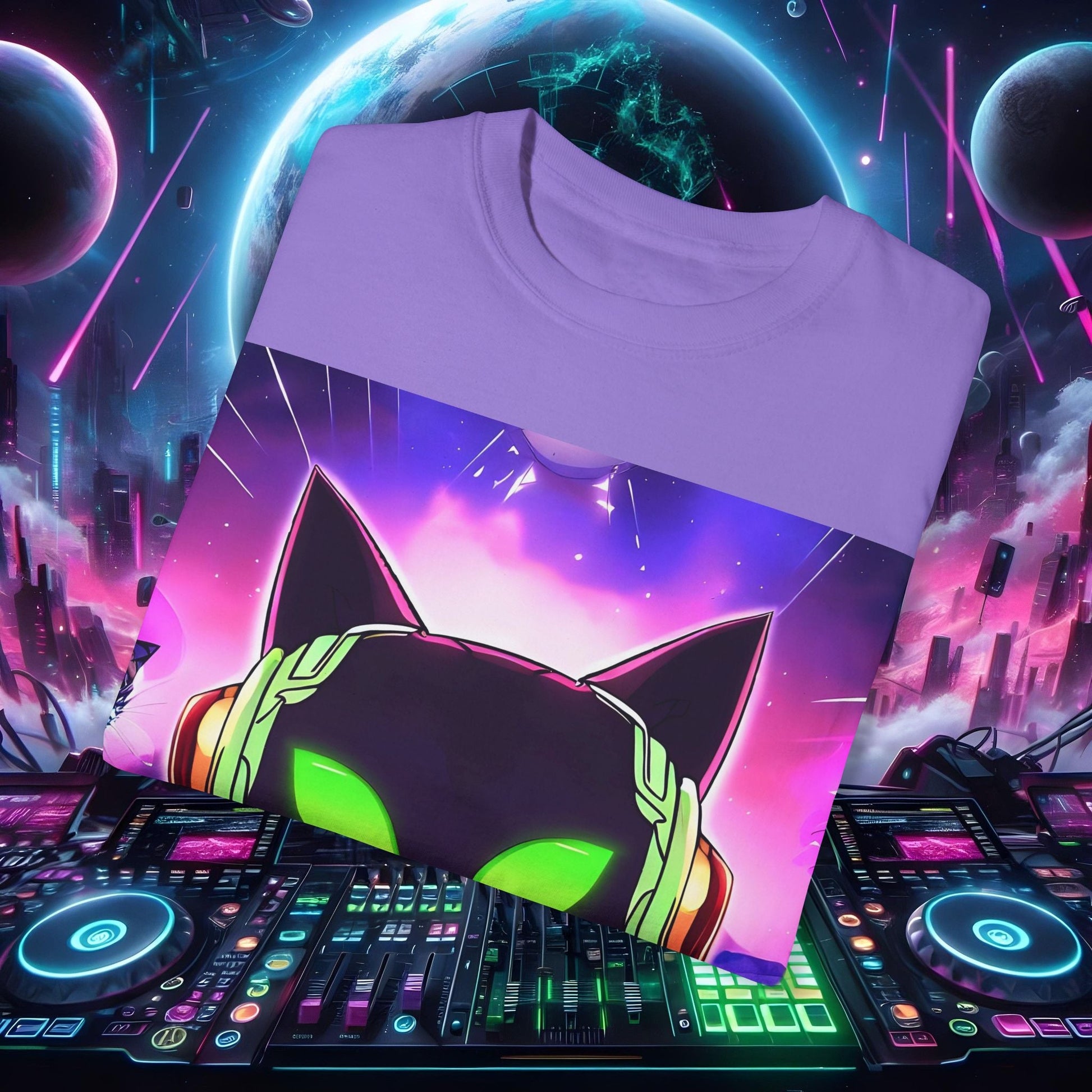 Space Cat Rave Drip - Black Cat Green Eyes DJ - Unisex T-Shirt - Space Cat Rave Drip - T-Shirt - Printify