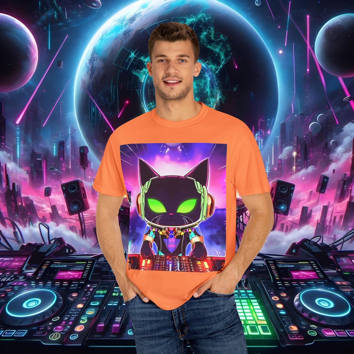 Space Cat Rave Drip - Black Cat Green Eyes DJ - Unisex T-Shirt - Space Cat Rave Drip - T-Shirt - Printify