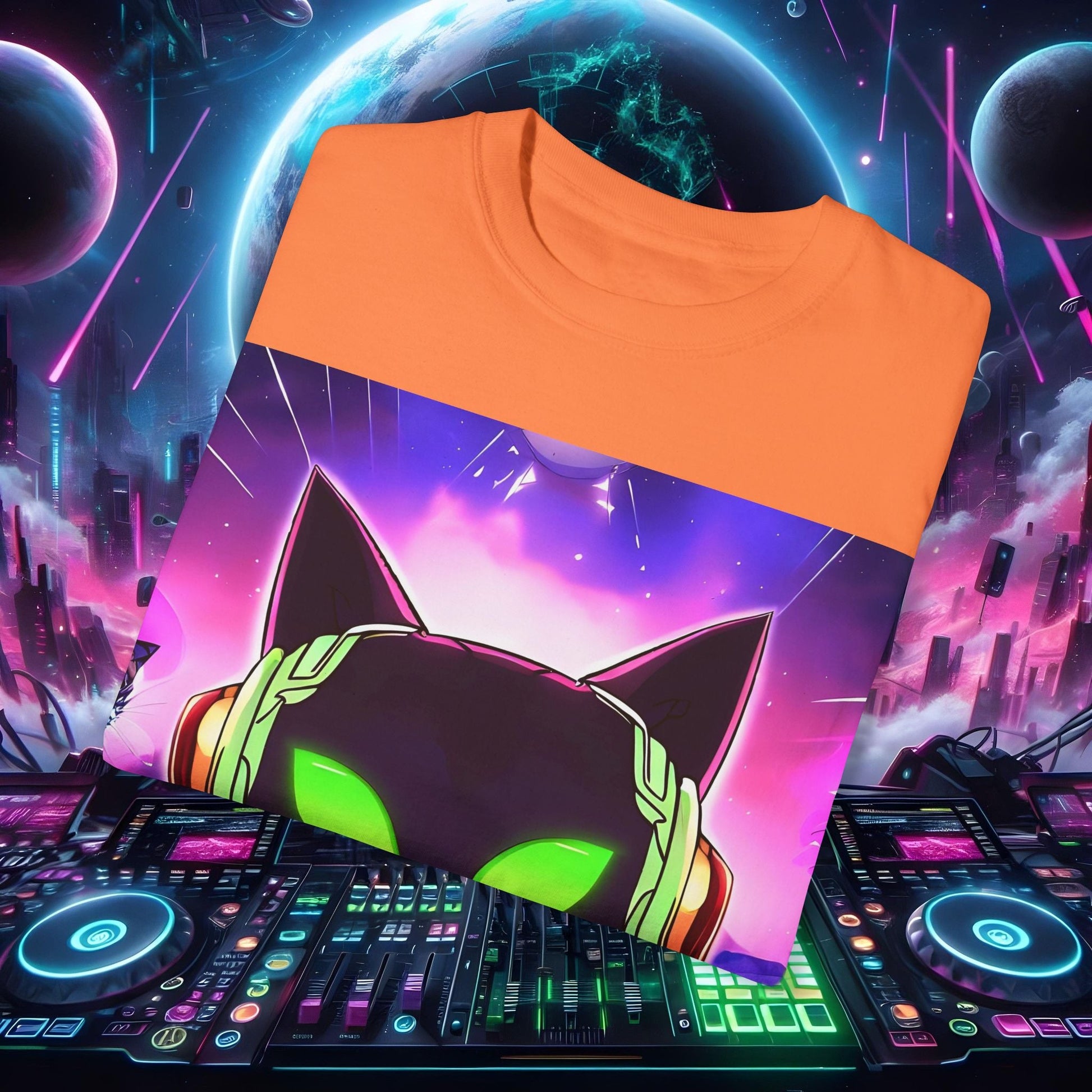Space Cat Rave Drip - Black Cat Green Eyes DJ - Unisex T-Shirt - Space Cat Rave Drip - T-Shirt - Printify