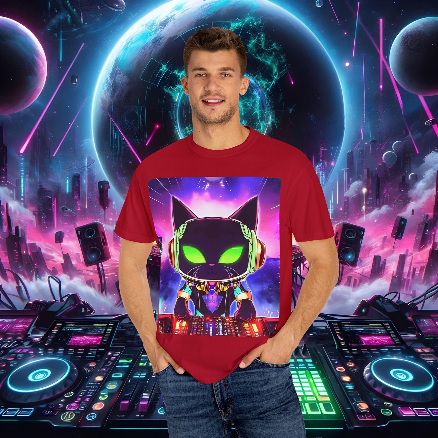 Space Cat Rave Drip - Black Cat Green Eyes DJ - Unisex T-Shirt - Space Cat Rave Drip - T-Shirt - Printify