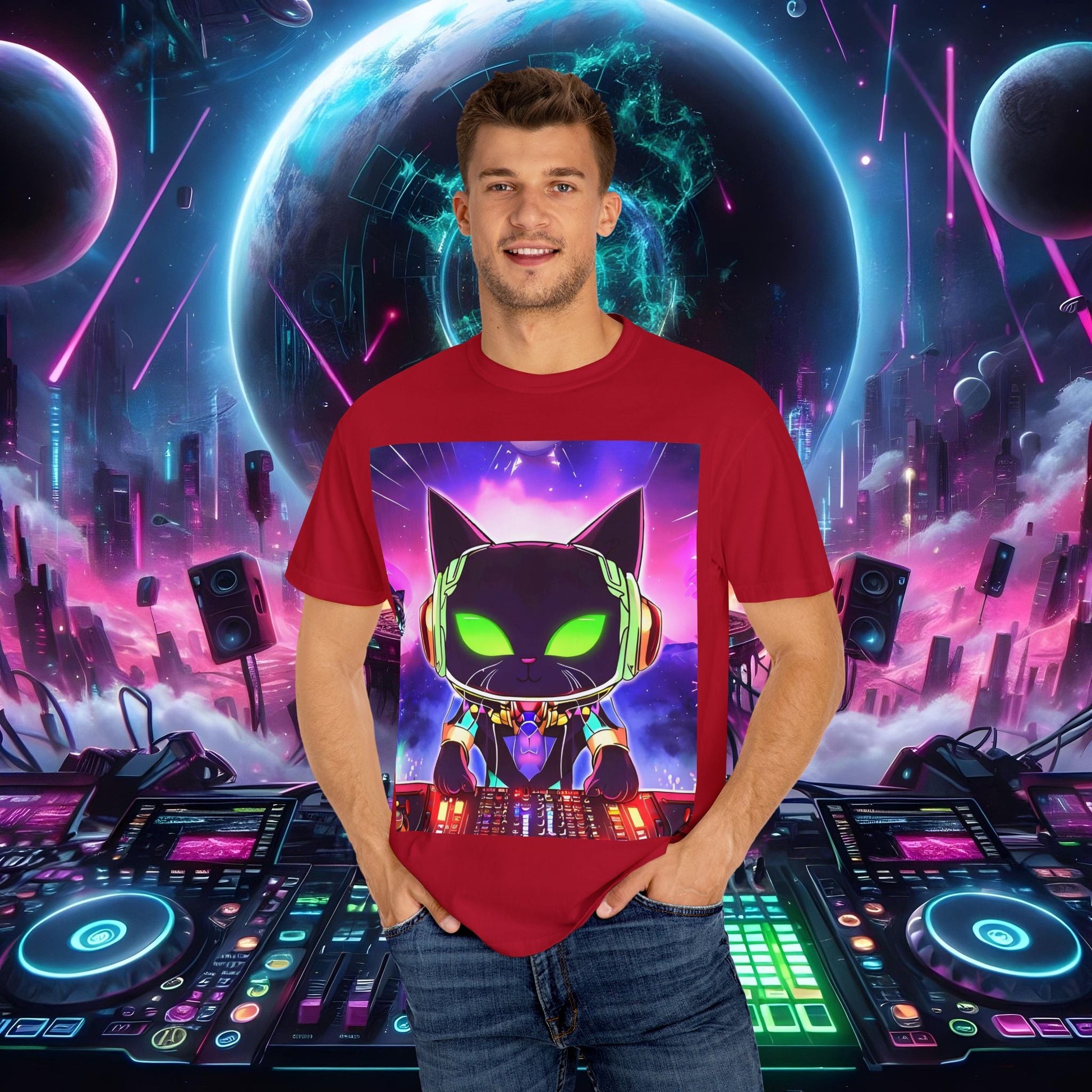 Space Cat Rave Drip - Black Cat Green Eyes DJ - Unisex T-Shirt - Space Cat Rave Drip - T-Shirt - Printify