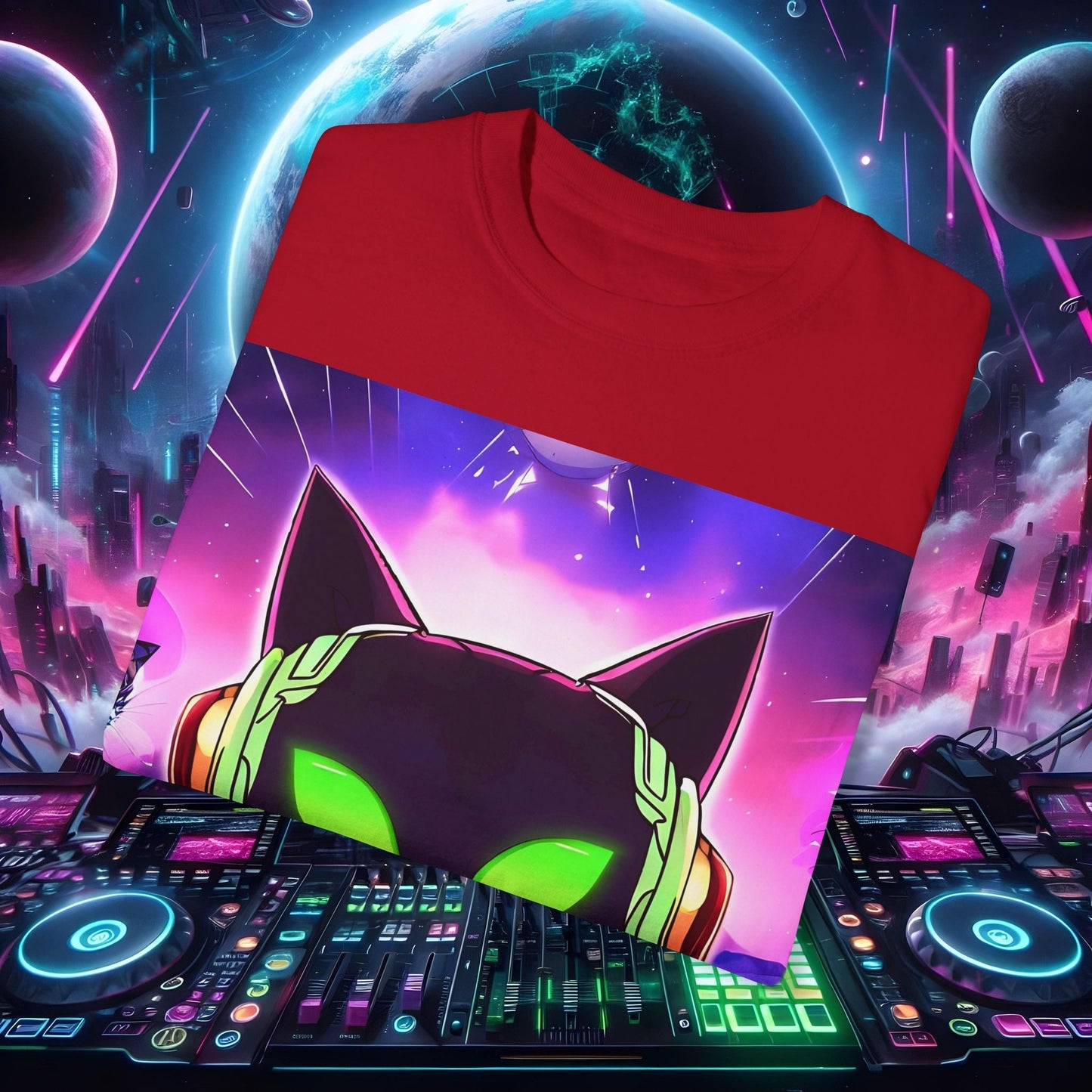 Space Cat Rave Drip - Black Cat Green Eyes DJ - Unisex T-Shirt - Space Cat Rave Drip - T-Shirt - Printify