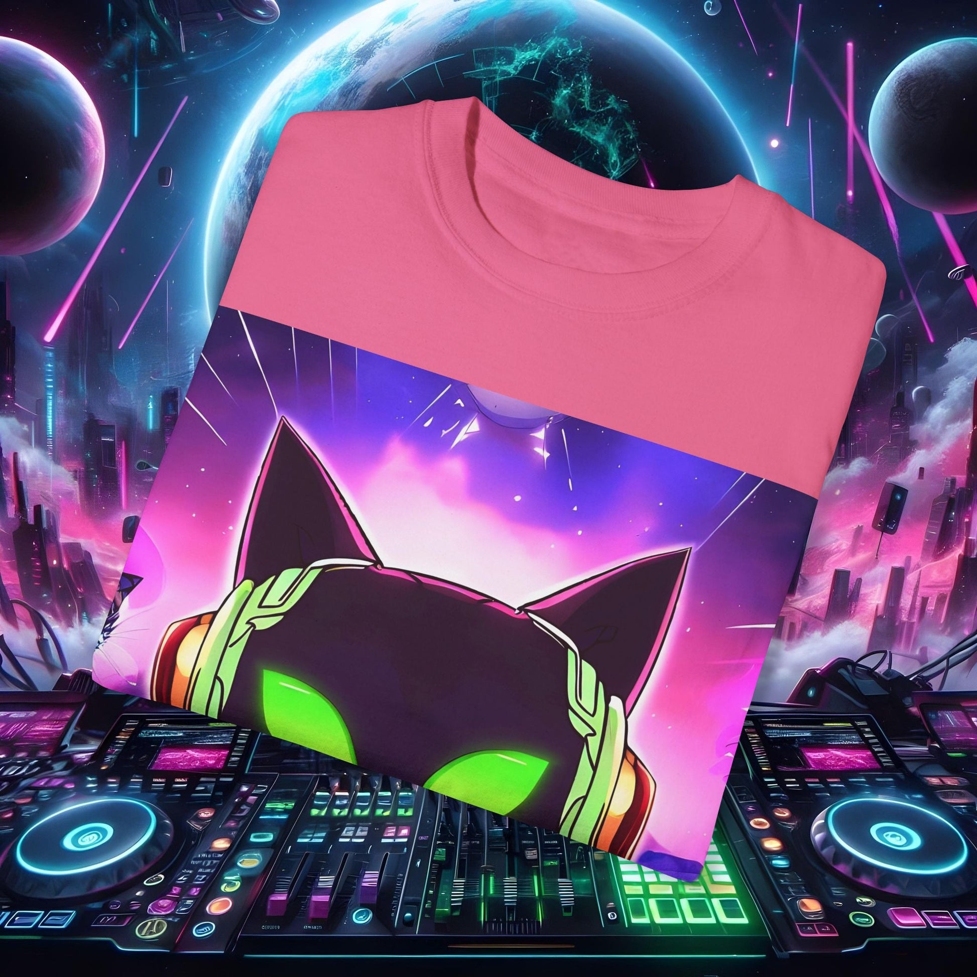 Space Cat Rave Drip - Black Cat Green Eyes DJ - Unisex T-Shirt - Space Cat Rave Drip - T-Shirt - Printify