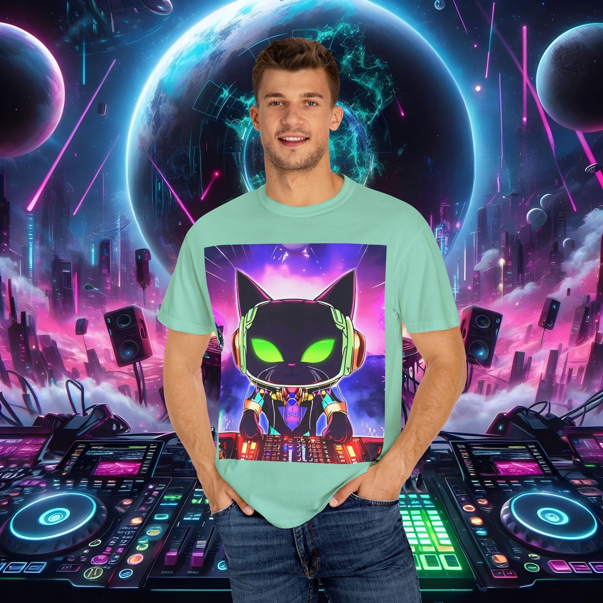 Space Cat Rave Drip - Black Cat Green Eyes DJ - Unisex T-Shirt - Space Cat Rave Drip - T-Shirt - Printify