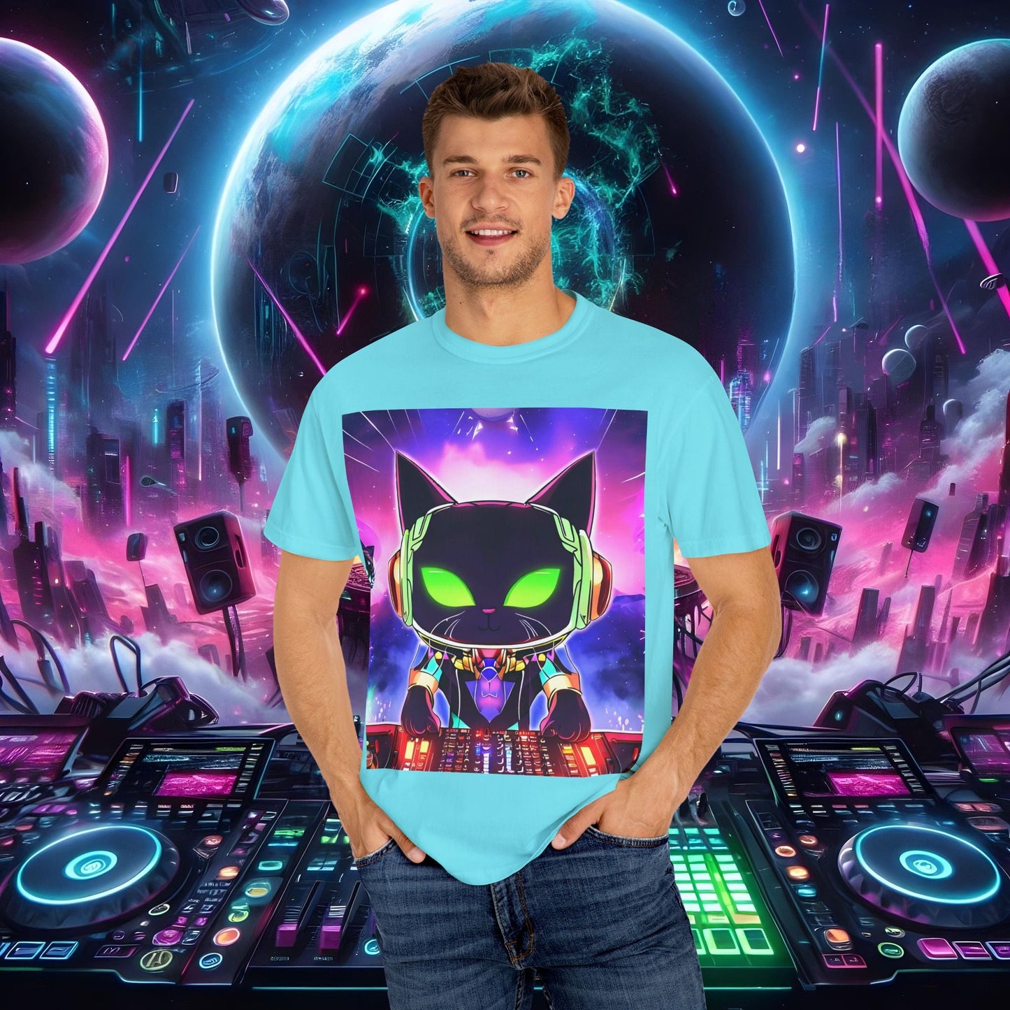 Space Cat Rave Drip - Black Cat Green Eyes DJ - Unisex T-Shirt - Space Cat Rave Drip - T-Shirt - Printify