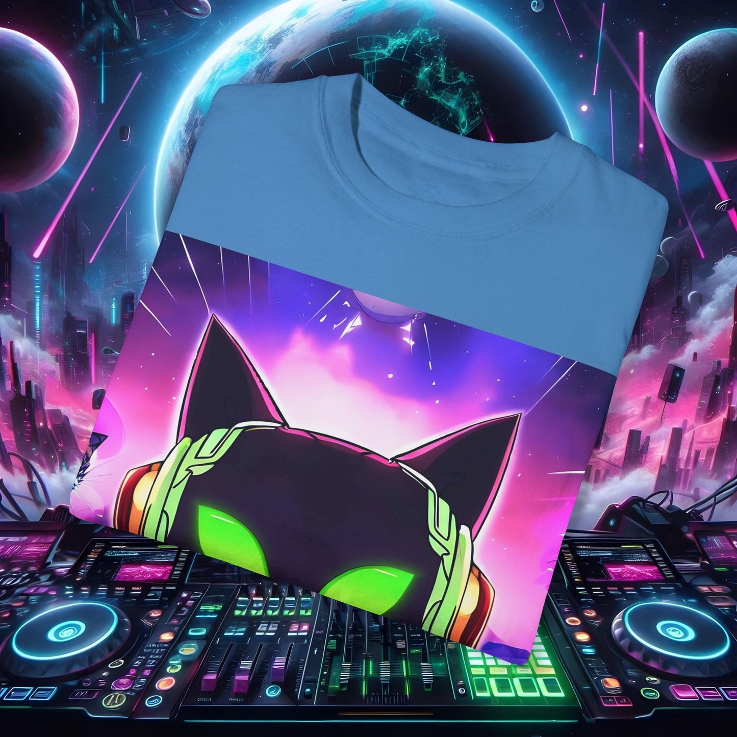 Space Cat Rave Drip - Black Cat Green Eyes DJ - Unisex T-Shirt - Space Cat Rave Drip - T-Shirt - Printify