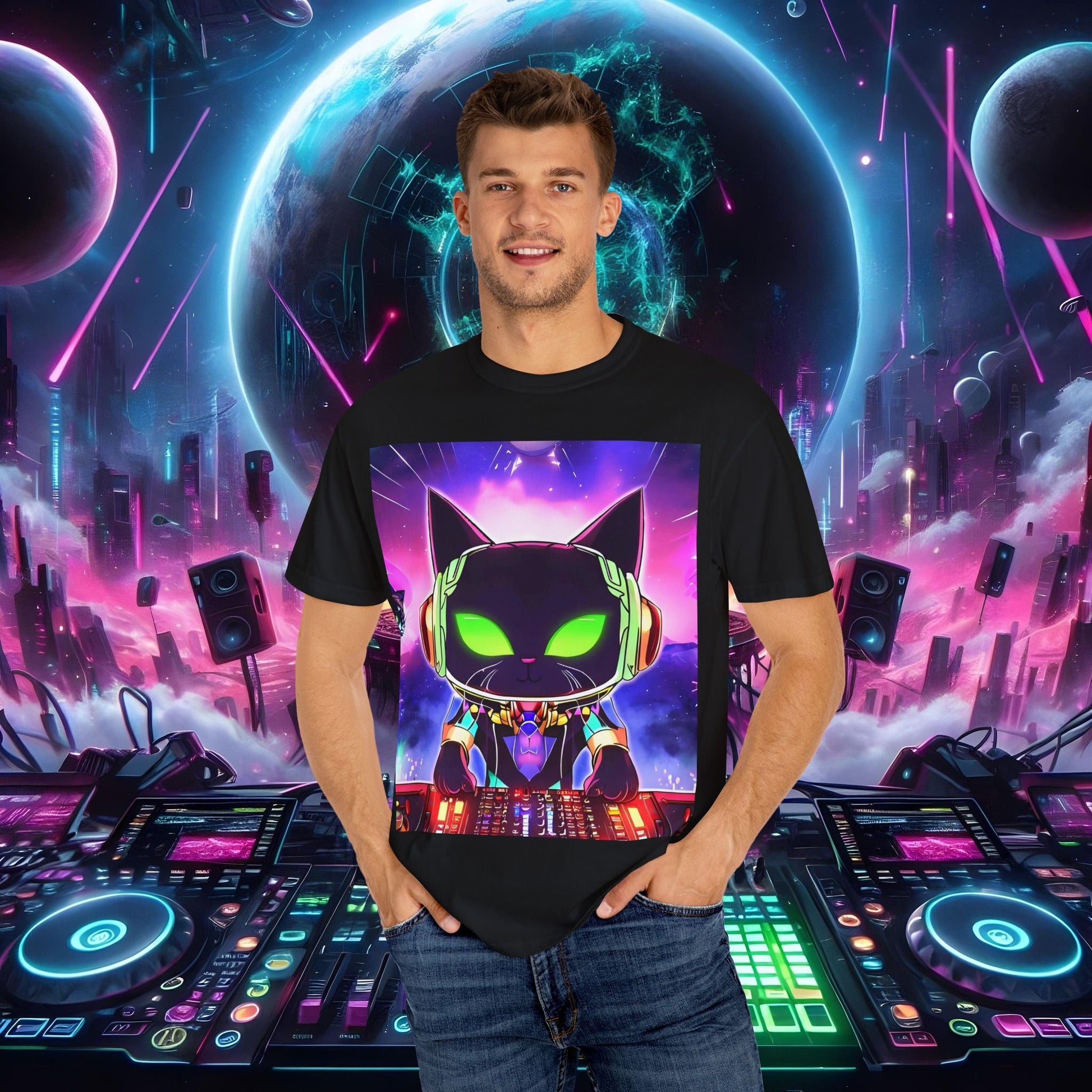 Space Cat Rave Drip - Black Cat Green Eyes DJ - Unisex T-Shirt - Space Cat Rave Drip - T-Shirt - Printify