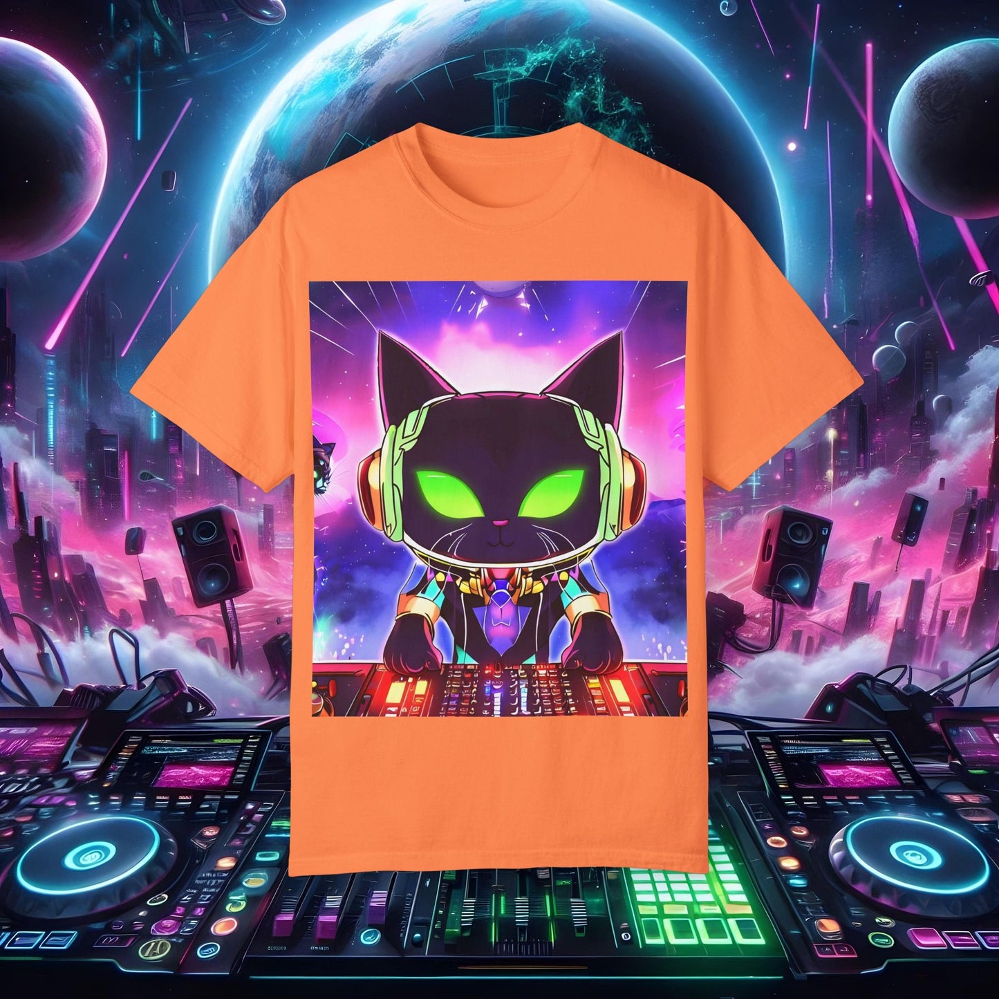 Space Cat Rave Drip - Black Cat Green Eyes DJ - Unisex T-Shirt - Space Cat Rave Drip - T-Shirt - Printify