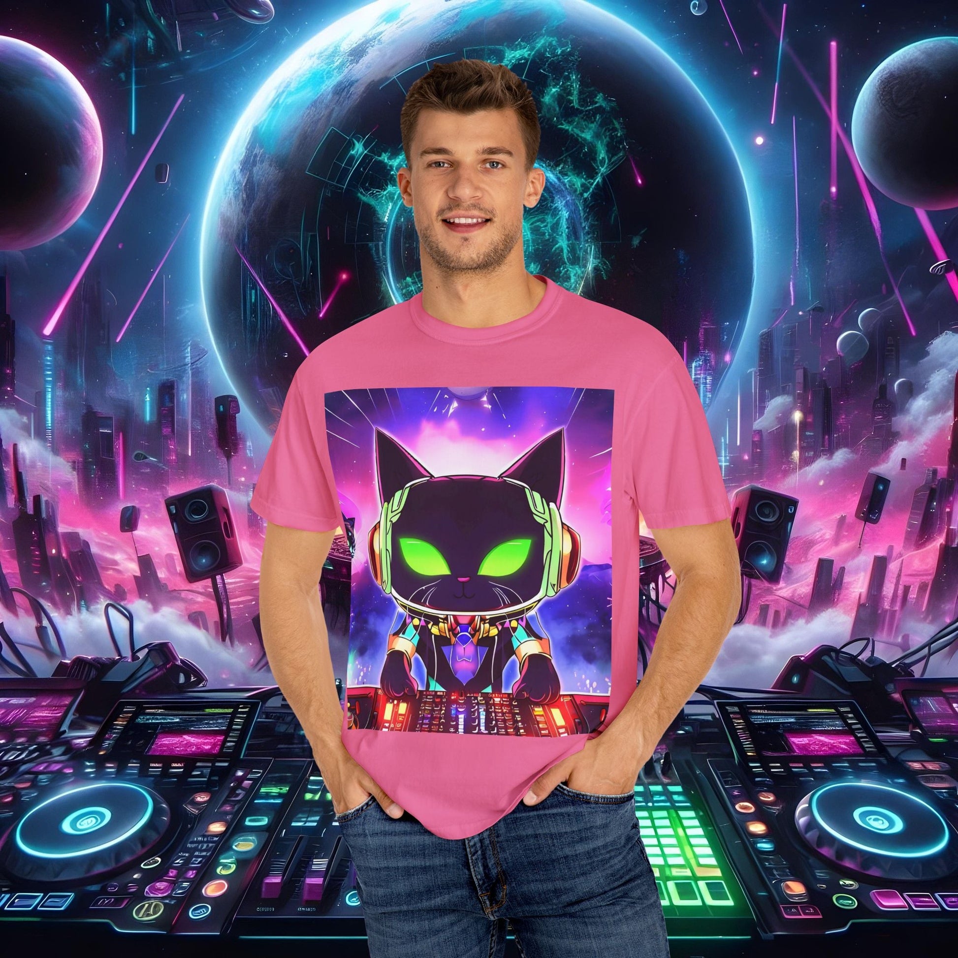Space Cat Rave Drip - Black Cat Green Eyes DJ - Unisex T-Shirt - Space Cat Rave Drip - T-Shirt - Printify