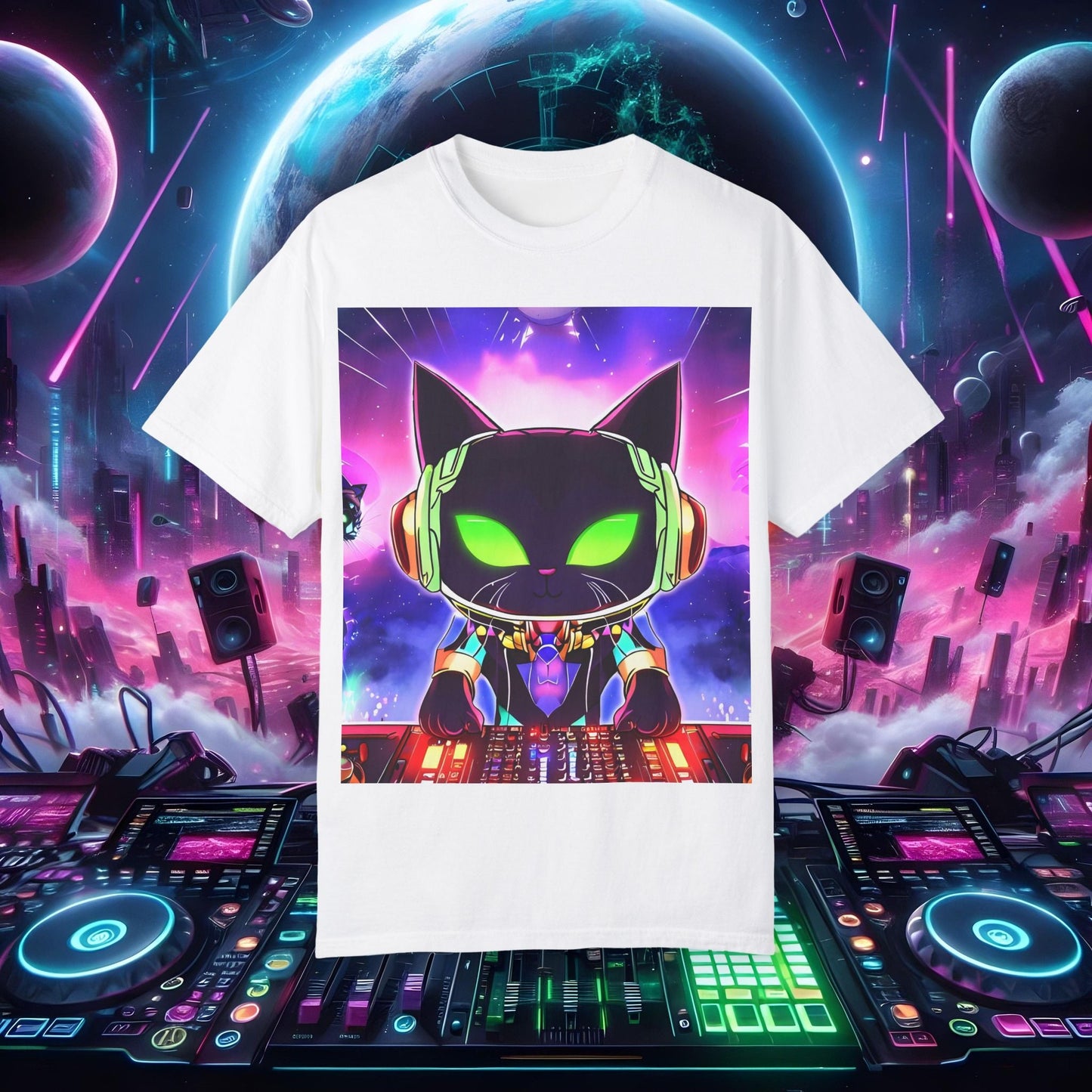 Space Cat Rave Drip - Black Cat Green Eyes DJ - Unisex T-Shirt - Space Cat Rave Drip - T-Shirt - Printify