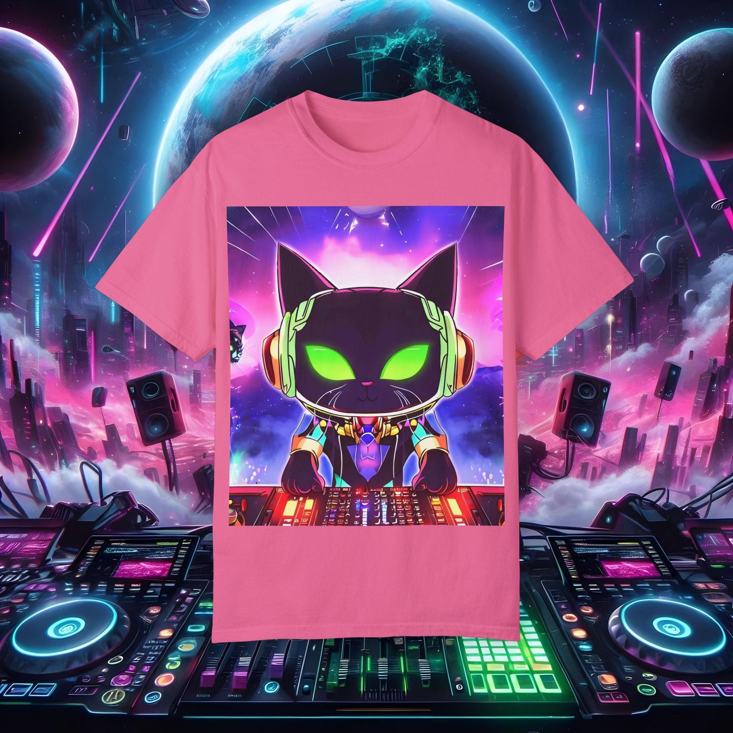 Space Cat Rave Drip - Black Cat Green Eyes DJ - Unisex T-Shirt - Space Cat Rave Drip - T-Shirt - Printify