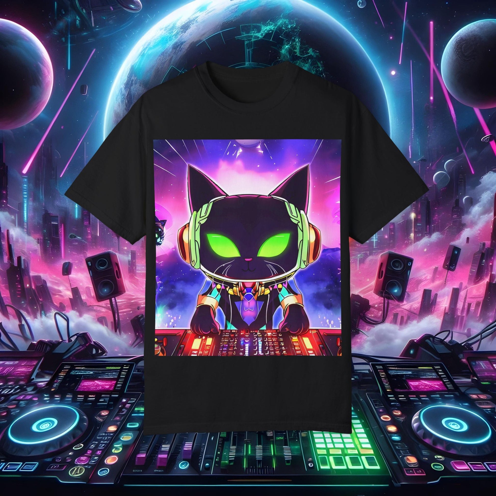Space Cat Rave Drip - Black Cat Green Eyes DJ - Unisex T-Shirt - Space Cat Rave Drip - T-Shirt - Printify