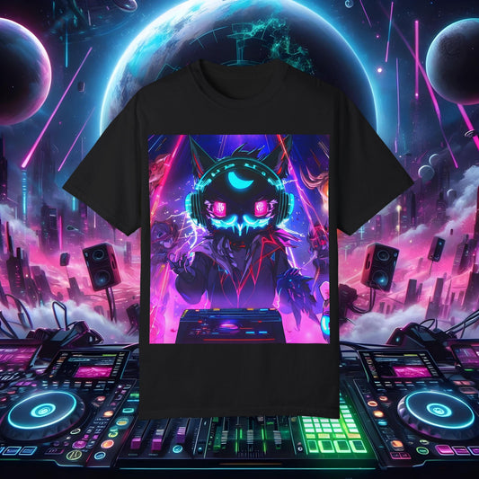 Space Cat Rave Drip - Black Cat Pink Eyes DJ - Unisex T-Shirt - Space Cat Rave Drip - T-Shirt - Printify