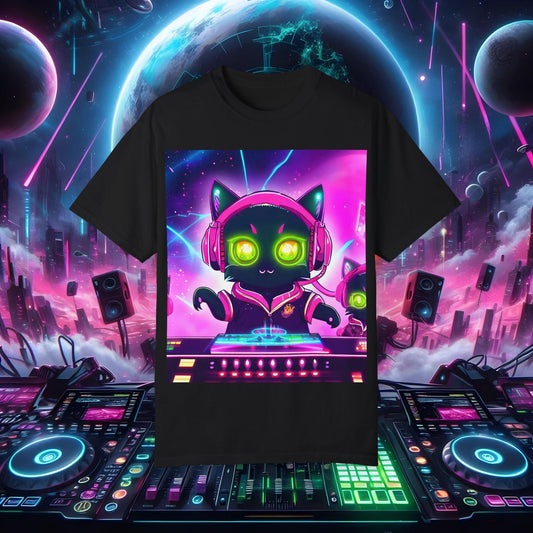 Space Cat Rave Drip - Black Cat Pink Headphones Yellow Eyes DJ - Unisex T-Shirt - Space Cat Rave Drip - T-Shirt - Printify