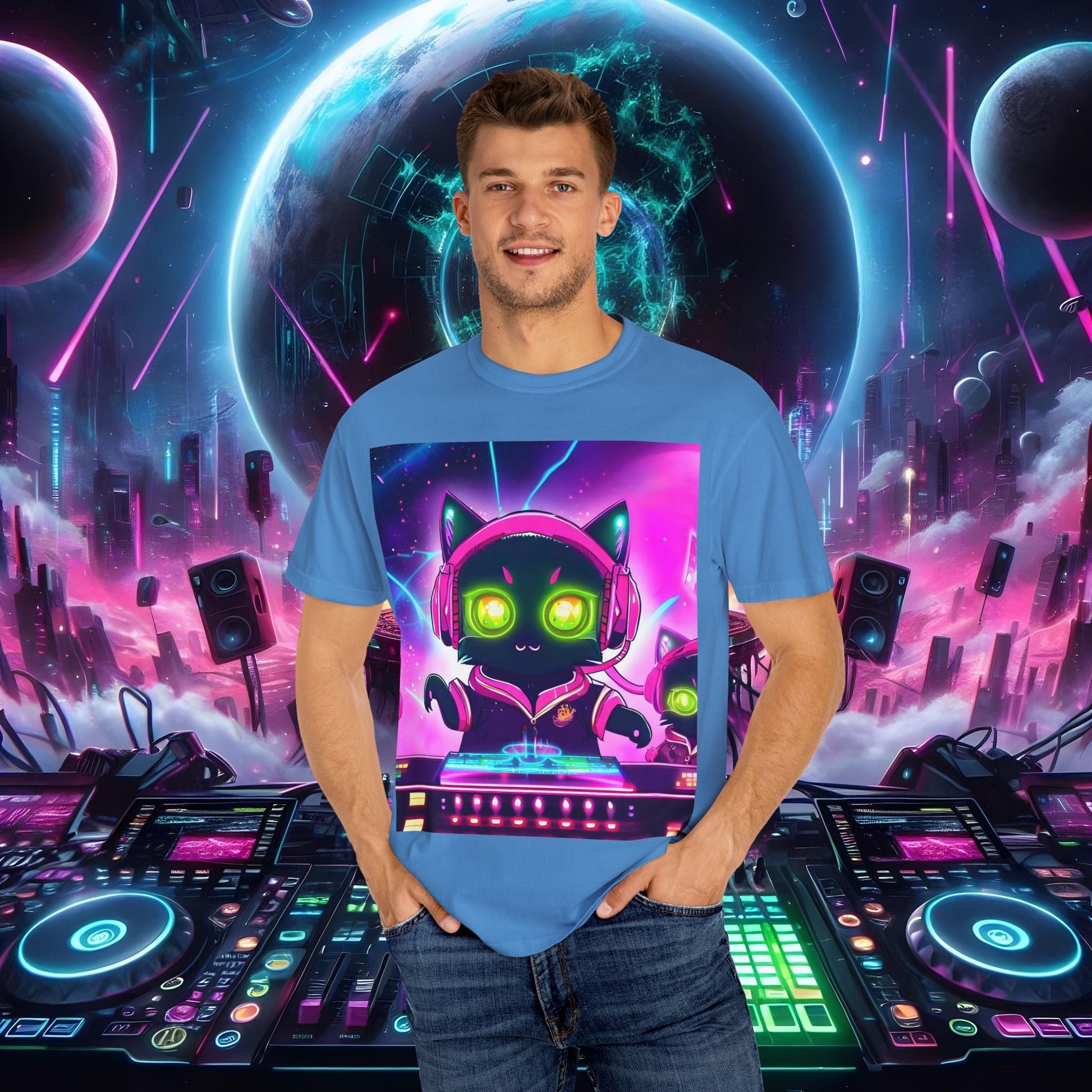 Space Cat Rave Drip - Black Cat Pink Headphones Yellow Eyes DJ - Unisex T-Shirt - Space Cat Rave Drip - T-Shirt - Printify