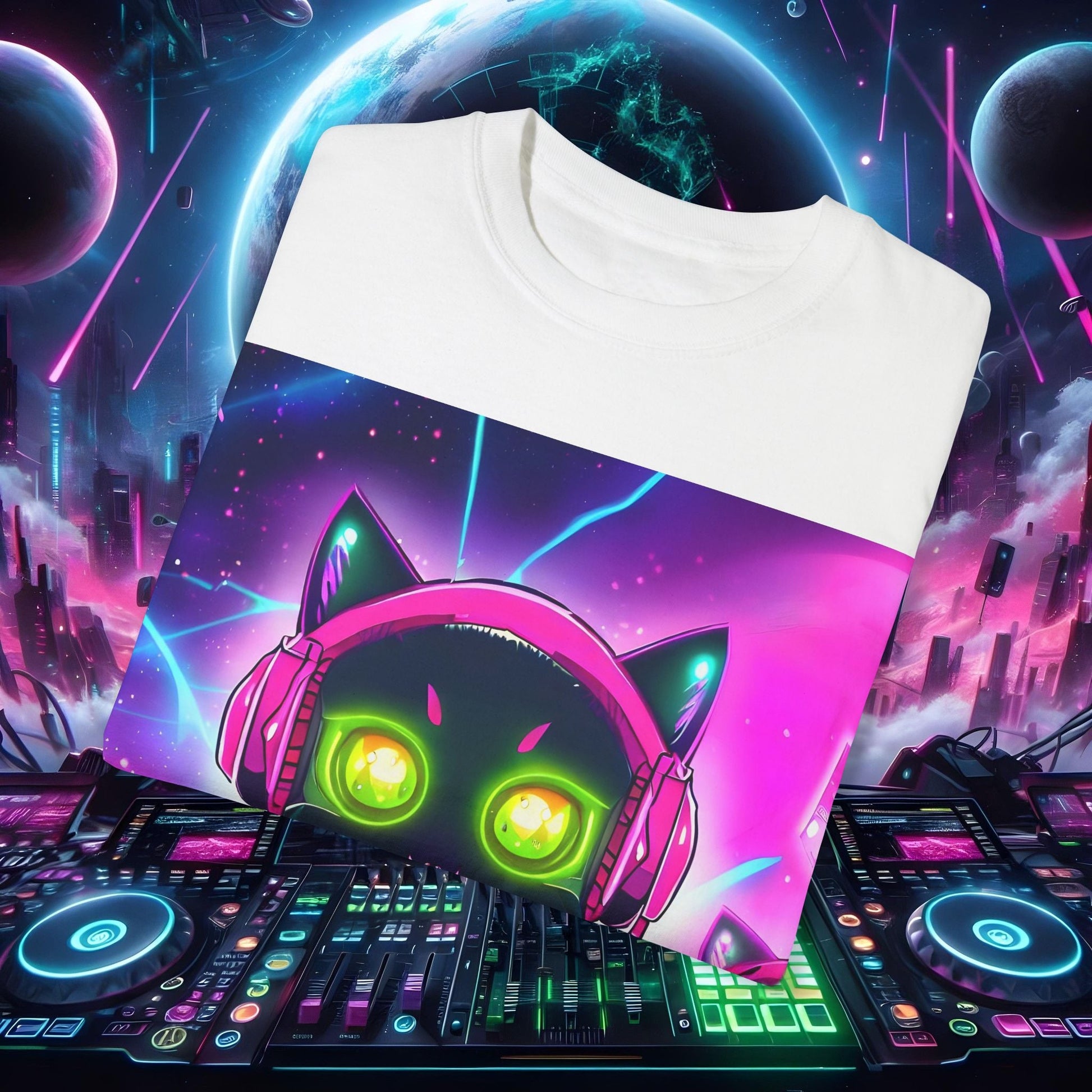Space Cat Rave Drip - Black Cat Pink Headphones Yellow Eyes DJ - Unisex T-Shirt - Space Cat Rave Drip - T-Shirt - Printify