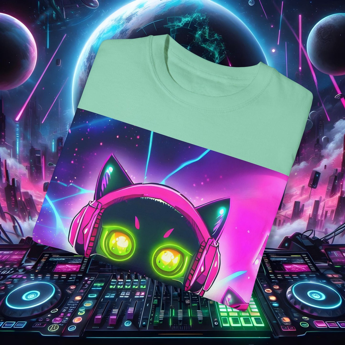 Space Cat Rave Drip - Black Cat Pink Headphones Yellow Eyes DJ - Unisex T-Shirt - Space Cat Rave Drip - T-Shirt - Printify