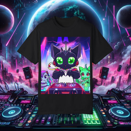 Space Cat Rave Drip - Black Dragon Cat Green Eyes DJ - Unisex T-Shirt - Space Cat Rave Drip - T-Shirt - Printify