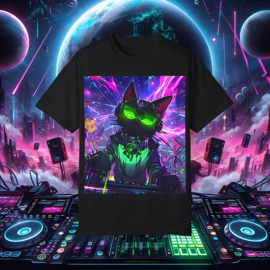 Space Cat Rave Drip - Black Drip Cat Green Eyes DJ - Unisex T-Shirt - Space Cat Rave Drip - T-Shirt - Printify