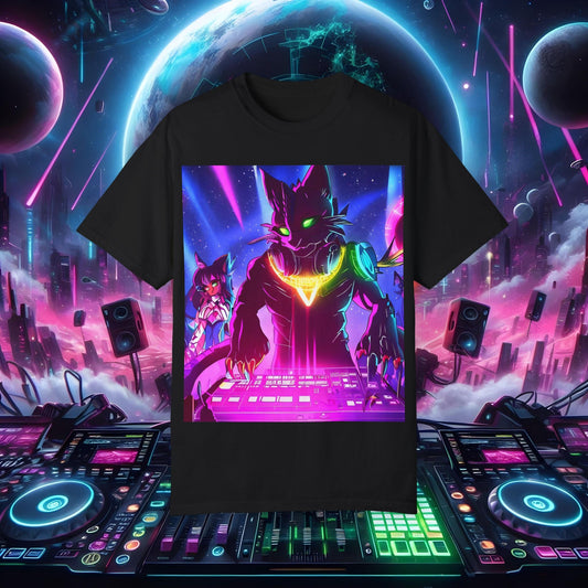 Space Cat Rave Drip - Black Drip Cat Green Eyes DJ - Unisex T-Shirt - Space Cat Rave Drip - T-Shirt - Printify