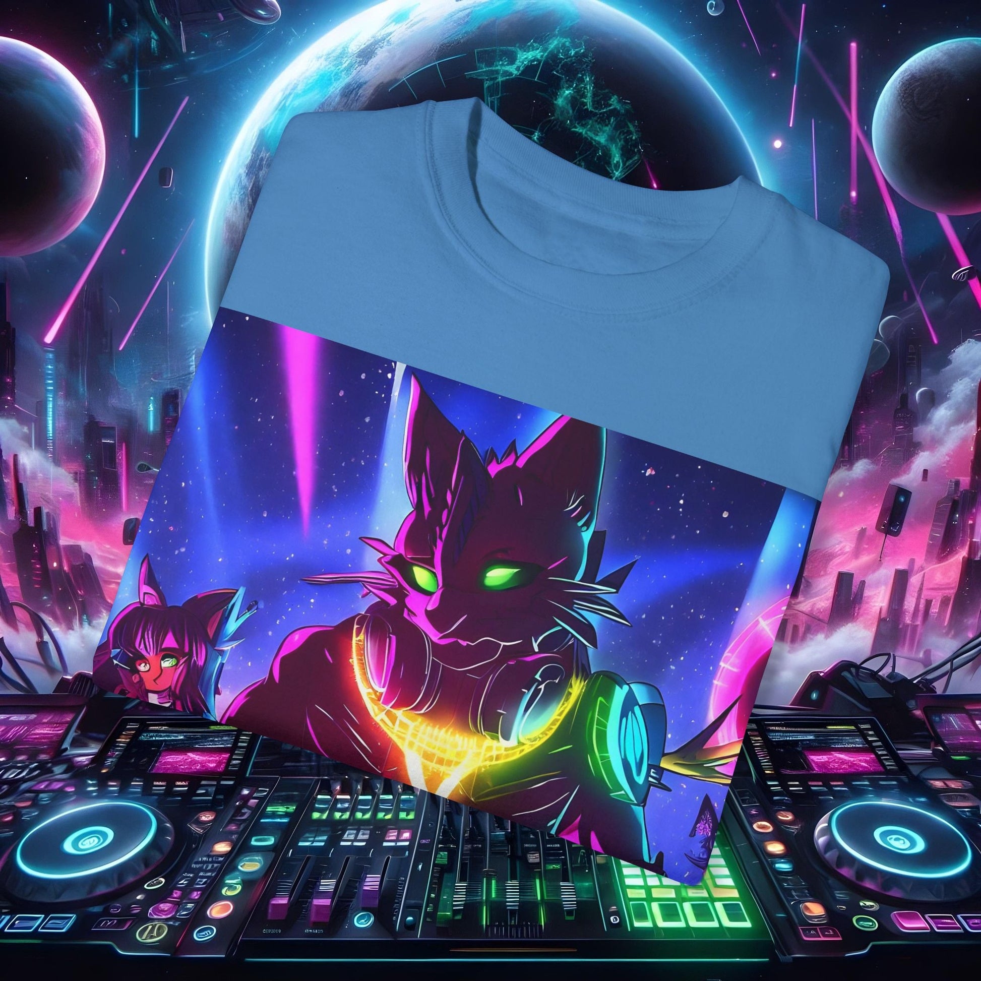 Space Cat Rave Drip - Black Drip Cat Green Eyes DJ - Unisex T-Shirt - Space Cat Rave Drip - T-Shirt - Printify