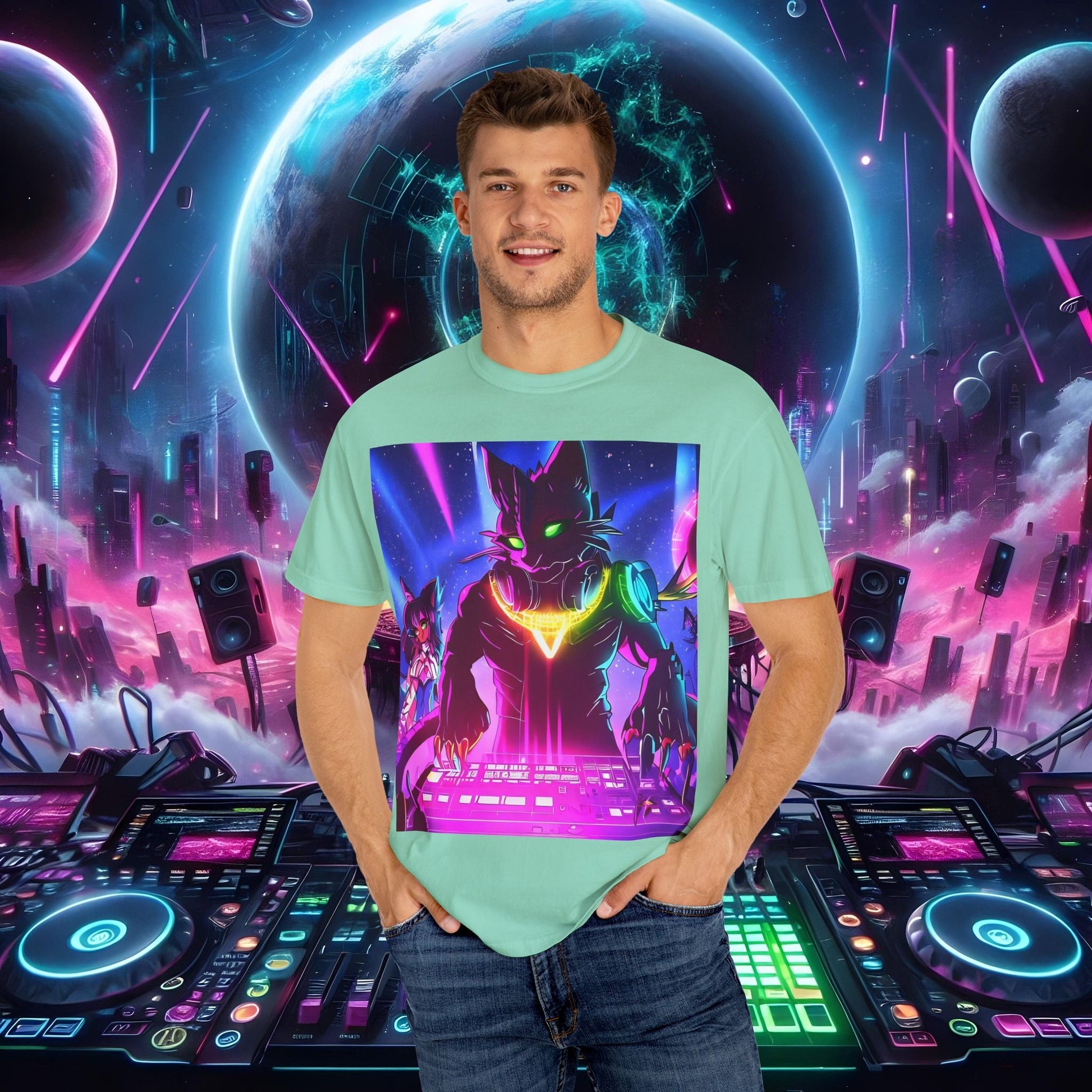 Space Cat Rave Drip - Black Drip Cat Green Eyes DJ - Unisex T-Shirt - Space Cat Rave Drip - T-Shirt - Printify