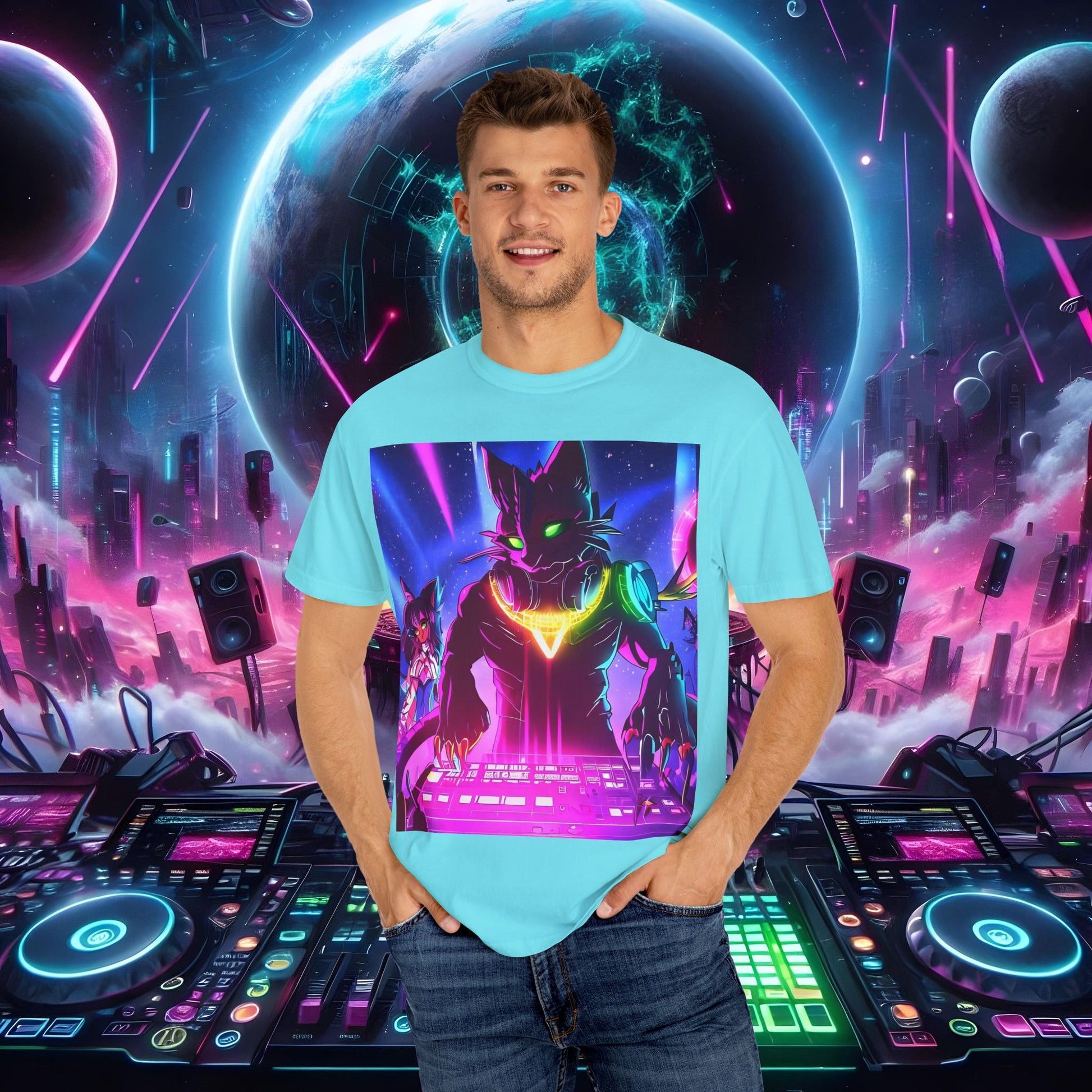 Space Cat Rave Drip - Black Drip Cat Green Eyes DJ - Unisex T-Shirt - Space Cat Rave Drip - T-Shirt - Printify