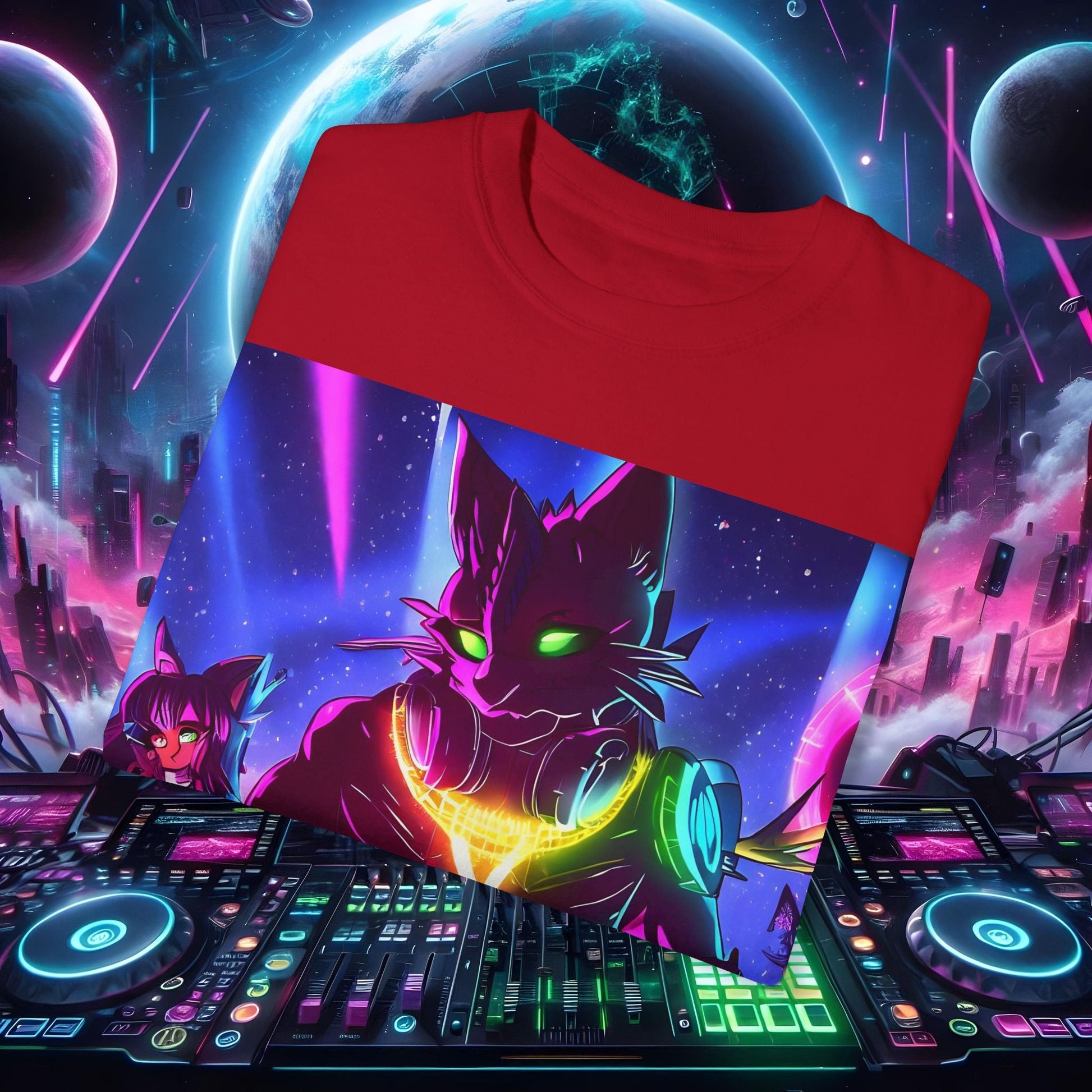 Space Cat Rave Drip - Black Drip Cat Green Eyes DJ - Unisex T-Shirt - Space Cat Rave Drip - T-Shirt - Printify